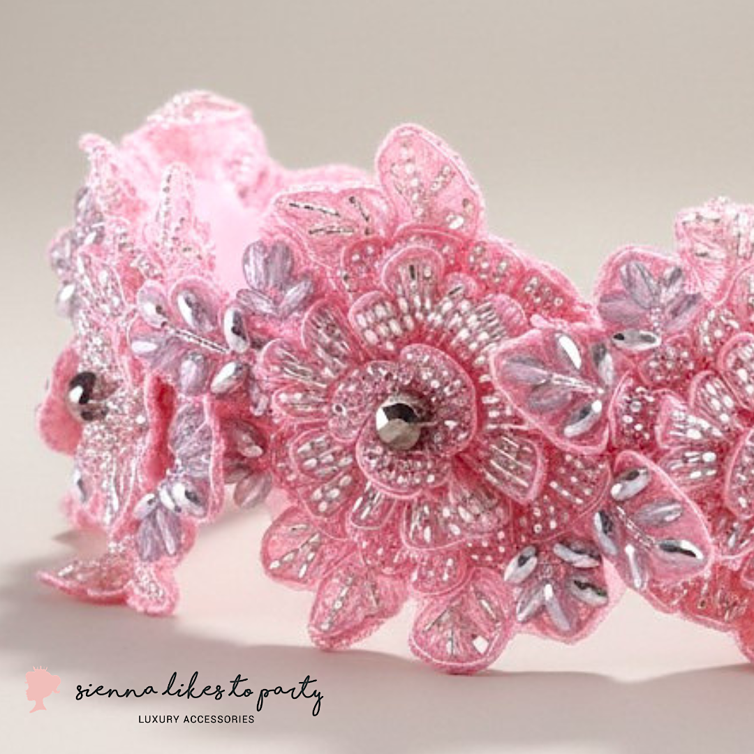 Luxury Pink Flower Girl Headband | Handmade Couture Crystal  display picture 3