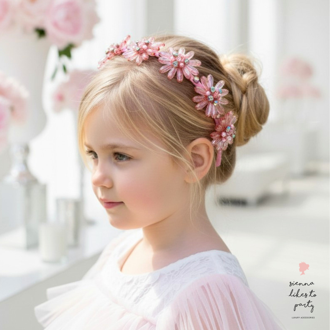 Pink Flower Headband for Girls | Handmade Crystal Occasion