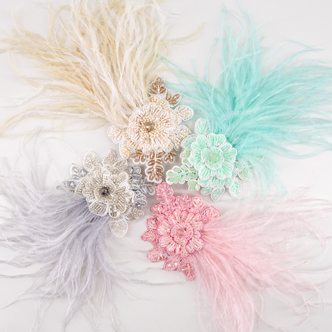 Luxury hair accessories for children - feather hair clips with handmade flowers