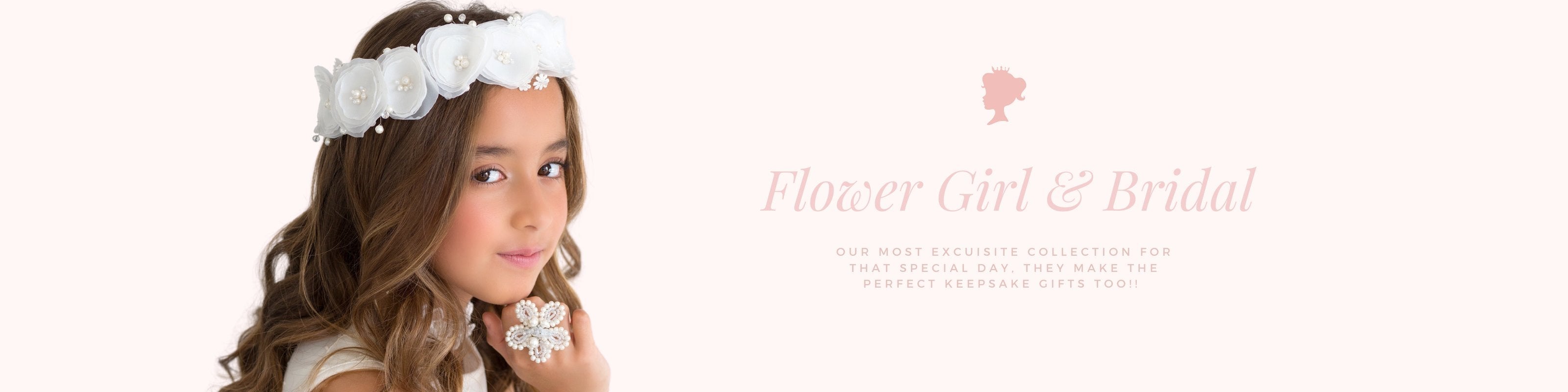 Elegant flower girl and bridal accessories, featuring handcrafted pearl and crystal headpieces, wedding hair accessories, and jewelry for special occasions.