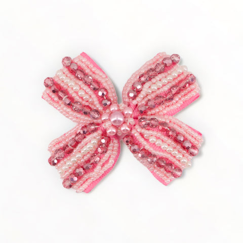 Hand beaded bow clip for kids in pink