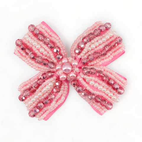 Hand beaded bow clip for toddlers - pink crystal