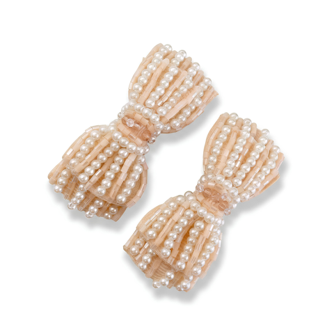 Luxury handmade soft appricot crystal and pearl girls hair clip set.  Entirely hand beaded by Sienna Likes to Party Designer Hair Accessories for Children