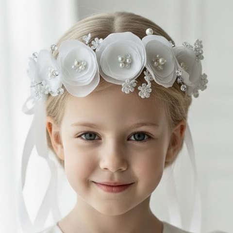 Handmade white flower crown handmade with pearls and crystals for flower girls or communion.  Handbeaded by Sienna Likes to Party Luxury Hair Accessories for children since 2011