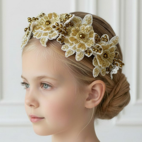 Handmade gold and white flower crown for girls by Sienna Likes to party.  Individually Handbeaded crystals on white lace by Sienna Likes to Party