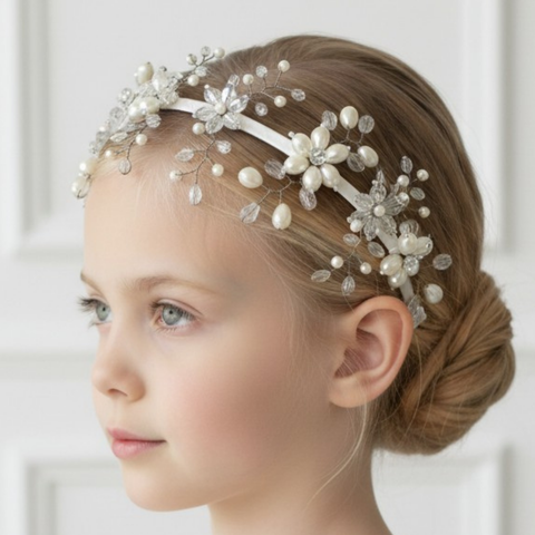 Model wears ivory crystal and pearl flower headband for flower girls and communions by Sienna Likes to Party Luxury hair accessories for children