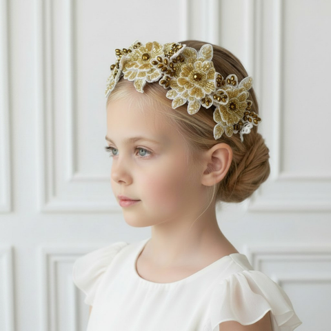 Model wears gold and white Designer handmade white and gold flower headband, hand beaded by Sienna Likes to Party