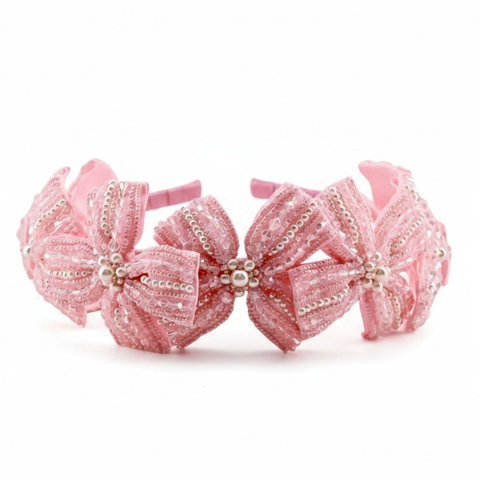 Designer Girls Hand Beaded Pink Bow Headband.  Handcrafted by Saffron and Selene Luxury Hair Accessories for Children since 2011
