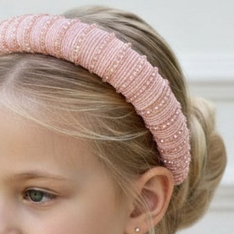 Designer girls padded headband.  Bespoke and highly hand encrusted with sparkling pink crystals.  Created by Sienna Likes to Party - Luxury Hair Accessories for Children established 2011