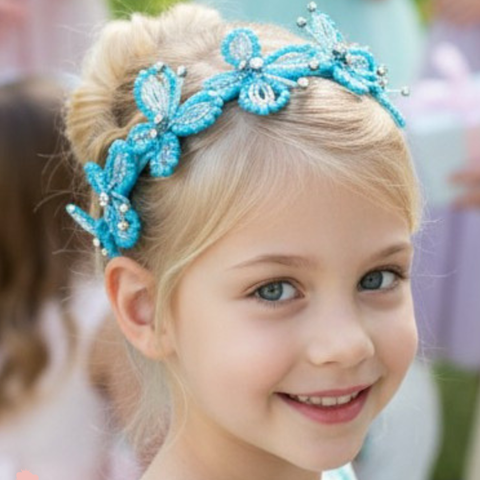 Elegant girls turquoise butterfly hair accessory with handcrafted crystal embellishments for flower girl and birthday styling
