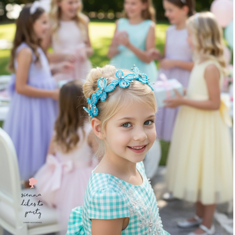 Couture-inspired turquoise butterfly headband for girls with sparkling crystals and detailed handcrafted embroidery
