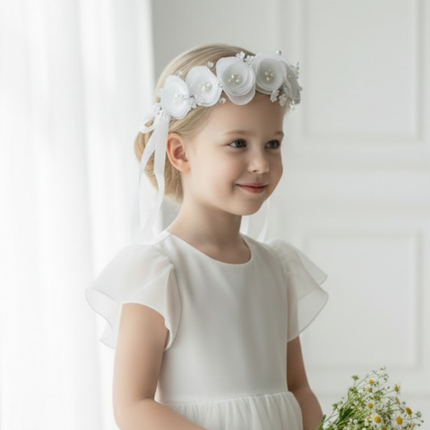 Flower girl hair garland handmade with white chiffon flowers and pearls and crystals by Sienna Likes to Party