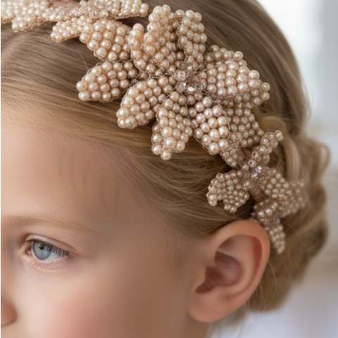 Close-up of a child wearing a decorative pearl headband, handmade with pearls and crystals by Sienna Likes to Party hair accessories for the mini princess.