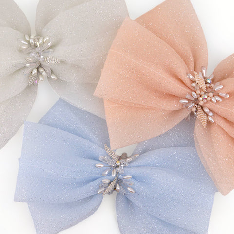 Best designer handmade hair bows for children.  Uniquely handmade with soft pastel chiffon and hand beaded with pearl, crystal and diamantes.  Perfect for kids special occasions, bridal, easter gifting and keepsake gifts