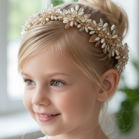 Buy luxury headband in blush, hand beaded with blush crystals and pearl beads with diamante centre.  Perfect for weddings, flower girls and childrens special occasion hair accessory.