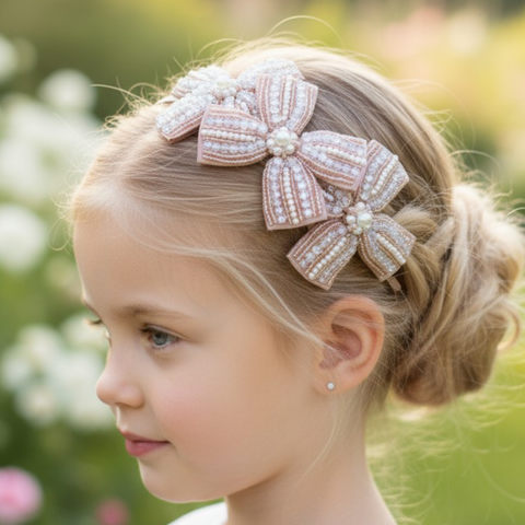 Young girl with a decorative hair bow headband - handmade with blush crystals and ivory pearls, perfect for flower girls and bridal
