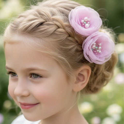 Buy the best bespoke girls flower hair clip set in pale pink.  Entirely handmade with pearl, crystal and diamante centre by Sienna Likes to Party Luxury Hair Accessories for children.