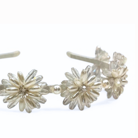 Perfect elegance and style.  The Sarah Daisy Kids Headband is entirely handmade with ivory pearls and crystals making it the perfect flower girl, bridal and childs special occasion hair accessory to treasure.