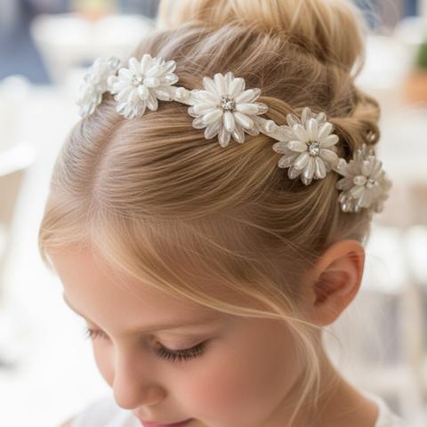 Best flower girls headband in ivory pearls and crystals centered with diamantes by Sienna Likes to Party, luxury hair accessories for children