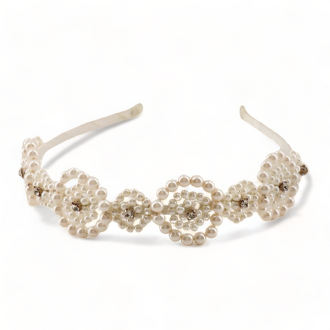 Buy the best luxury handmade and bespoke ivory pearl headband.  perfect for flowergirls, weddings and kids special occasions.  Extra sparkle with clear cut diamante centres
