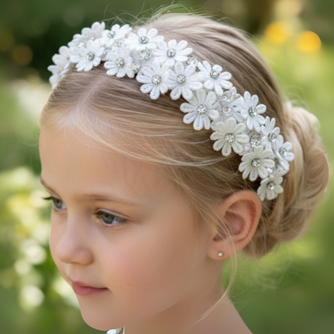 Flower girl Headband - White lace daisy flower crown with diamante centres, perfect girls hair accessory for special occasions.