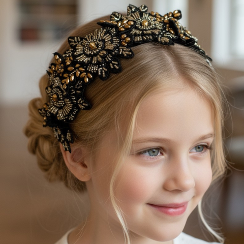 Buy luxury bespoke girls black and gold hand beaded and embroidered lace headband for special occasions