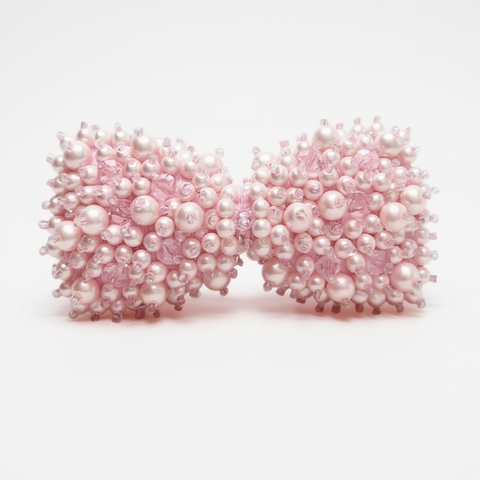 Best girls Pink bow hair clip with pearl and crystal beads.  Designer Hair Accessories for Children by Sienna Likes to party