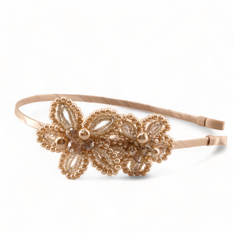 Buy the best Designer Girls headband in blush.  Handcrafted with hand threaded pearl and crystal beads into stylised flowers.  This hair accessory for girls is perfect for bridal or special occasions.