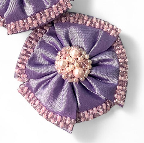 buy the best handcrafted childs clip set in lilac with hand stitched pink pearl and crystal bead centres.
