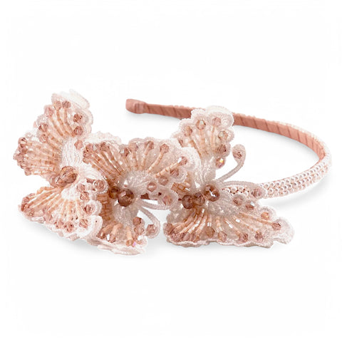 Handmade blush kids butterfly headband with crystal and white lace embellishments, perfect for weddings, birthdays, and special occasions.