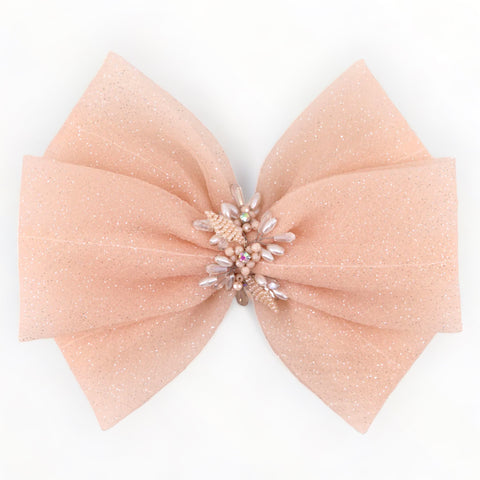 Best Designer Girls Hair Bows.  The Galena Bow is a large statement bow clip for kids that is hand made with pale apricot chiffon and centred with hand threaded pearls and crystals.  The most beautiful bespoke special occasion hair accessory.