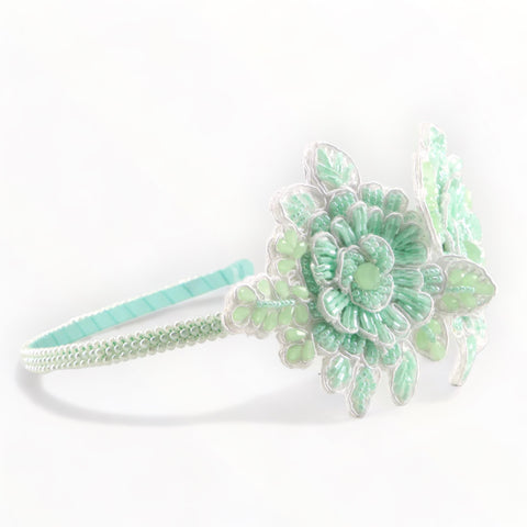 Best mint green flower headbands for children, hand made luxury with crystals and pearls by Sienna Likes to Party.