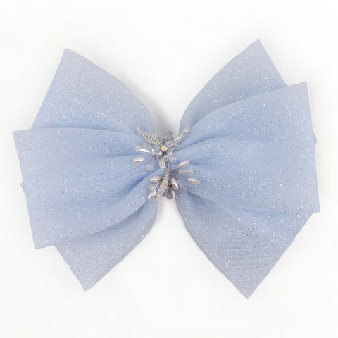 Best Designer Girls statement hair bow.  The Galena hair bow in soft cornflower blue is entirely handmade with white pearls and crystal beads and sparkling clear diamantes.  Perfect for childrens special occasions