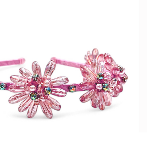 Buy best bespoke designer pink flower crown, elegantly handmade with pink crystals and pearl beads, highlighted with rainbow diamantes, perfect sparkle for kids special occasionwear