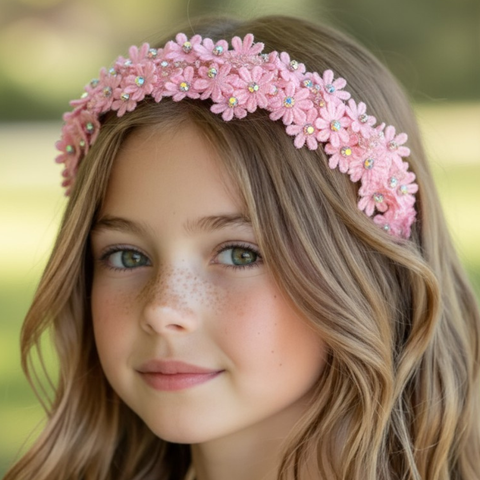 Best Girls Pink Flower Crown by Sienna Likes to Party Luxury Accessories for Children.  This flower girl lace flower crown, is perfect for weddings and kids special occasions.