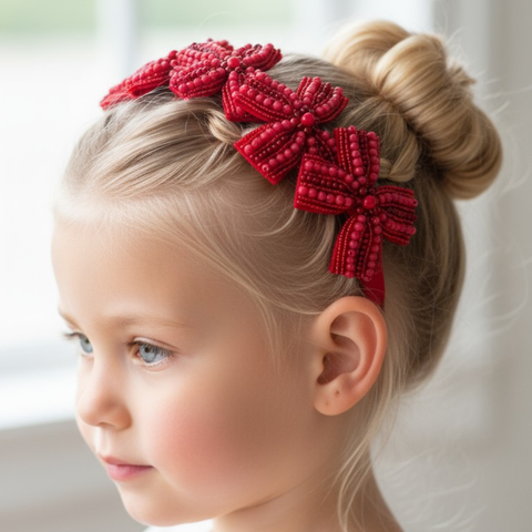 Young girl with a red beaded hair accessory - bow headband  in her blonde hair.