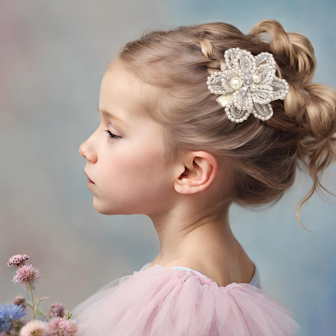 Shop the Miss Flora handmade crystal and pearl flower hair clip – a luxury designer accessory for girls, perfect for weddings, parties, and special events.