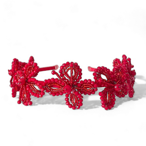 Buy Designer Girls butterfly hair accessories in Red.  The meadows and dreams childs headband is handmade with red crystals by Sienna Likes to Party brand.