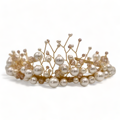 Girls Pearl and Crystal Crown Headband by Sienna Likes to Party.  This childs tiara is entirely handmade with blush cut crystals and ivory pearls.  Perfect for special occasions.