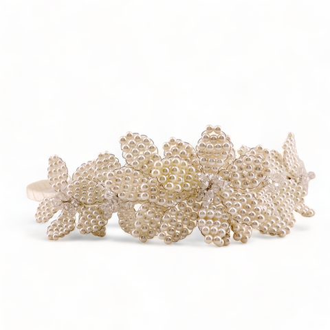 Buy luxury bespoke flower crown for kids.  Each flower is handcrafted with ivory pearls and white clear cut crystals.  Perfect for flower girls or childrens special occasionwear.