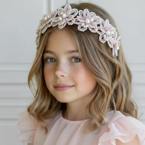 Designer flower crown in pink crystal and pearl beads.  Luxury hair accessory for bridal and special occasions.