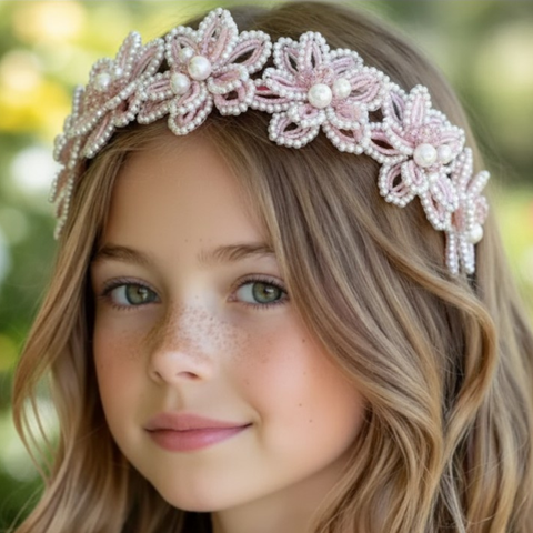 Buy bespoke hand beaded flower crown in pearl and pale pink crystal, perfect for weddings, bridal and childrens special occasionwear.