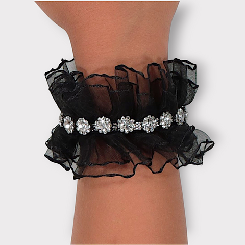 Handmade black frilled organza rhinestone necklace and bracelet set, featuring floral diamante details and pearl accents – perfect for children’s weddings, birthdays, and formal occasions