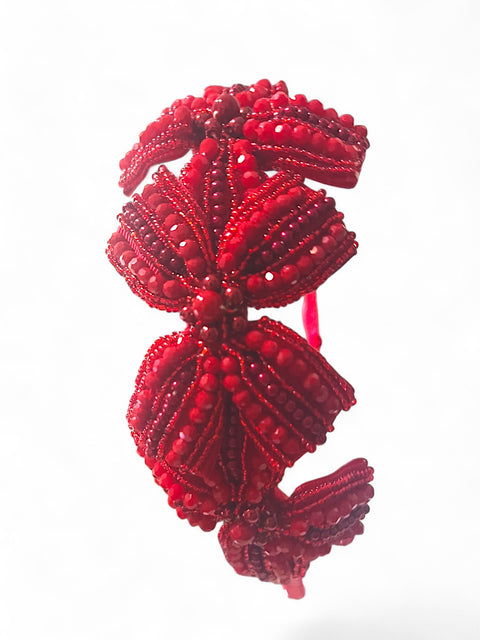 Childs red bow headband embelished with hand stitched crystals by Sienna Likes to Party - best luxury accessories for kids