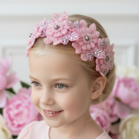 Handmade pink and silver couture crystal flower headband for flower girls by Sienna Likes to Party