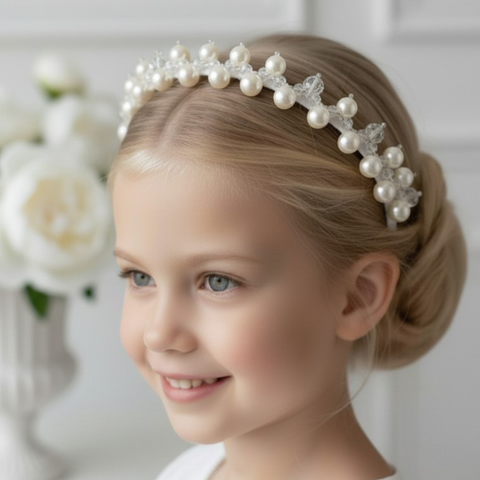 Luxury handmade pearl flower girl headband for girls by Sienna Likes to Party