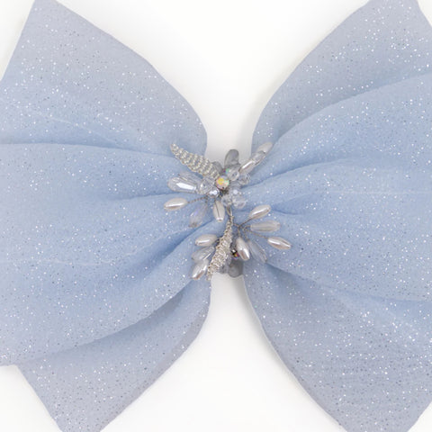 best large blue bows for children by Sienna Likes to Party.  Handmade and bespoke with centre beading, perfect for flower girls, bridal and kids special occasionwear