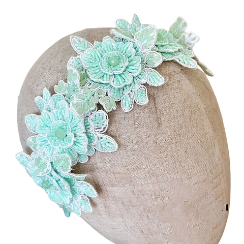 Girls Designer Flower Crown - hand embroidered with soft mint crystals