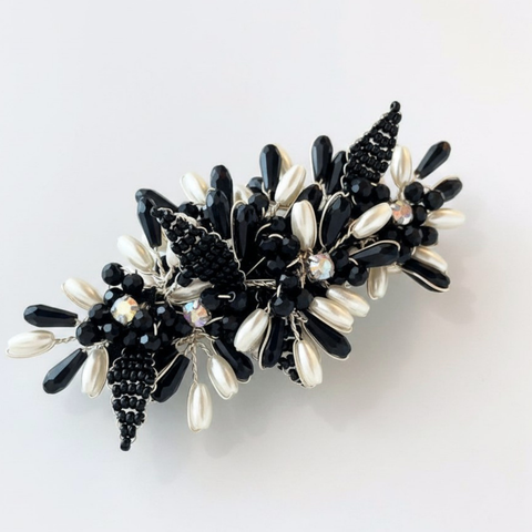 Luxury girls crystal and pearl flower hair clip - hand made with black crystals, white pearls and diamante highlights by Sienna Likes to Party
