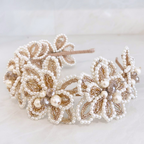 Bespoke handmade girls flower crown with ivory pearl beads and blush faceted cut crystals.  Entirely hand beaded by Sienna Likes to Party luxury hair accessories for children
